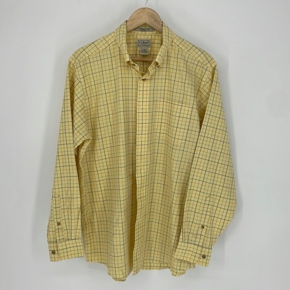L.L. BEAN cotton wrinkle free plaid button down shirt yellow blue size LRG mens